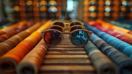 Assorted eyeglasses with reflective lenses on a wooden surface.
