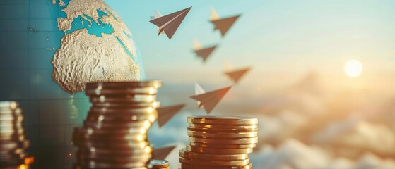 Several coin stacks in front of a world globe with paper planes circling around, set against a backdrop of open skies, symbolizing worldwide investment strategies