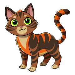 A cartoon cat with green eyes is standing on a white background
