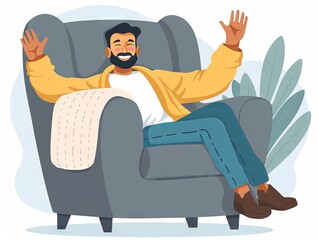 Obraz premium Cheerful bearded man waving from a cozy armchair