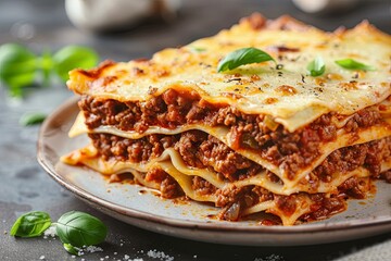 Homemade Italian lasagna on elegant plate with basil garnish
