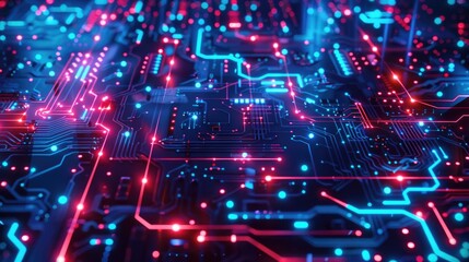 Obraz premium Abstract close-up of a vibrant motherboard circuit with red and blue neon lights