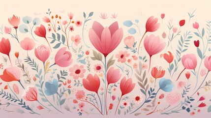 A beautiful watercolor painting of a variety of flowers in shades of pink, red, and blue