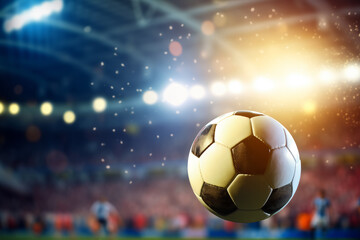 Naklejka premium A soccer ball is in the air, surrounded by players on a field