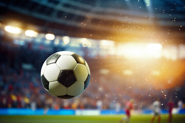 Fototapeta premium A soccer ball is in the air, surrounded by players on a field