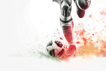 A soccer player kicks a ball on a field