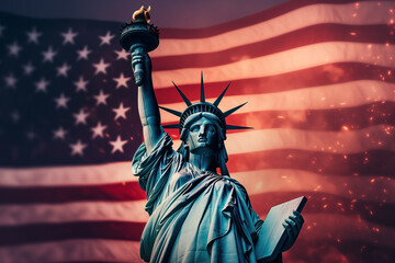 Fototapeta premium A statue of liberty in front of the American flag