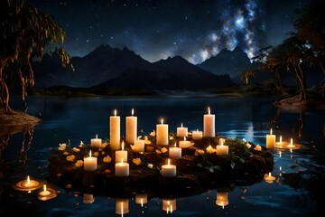 A floating island adorned with floating candles, giving off a soothing glow under a starlit...