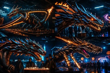 A colossal mechanical dragon, breathing out sparks and fire, serves as the backdrop for a futuristic birthday party..