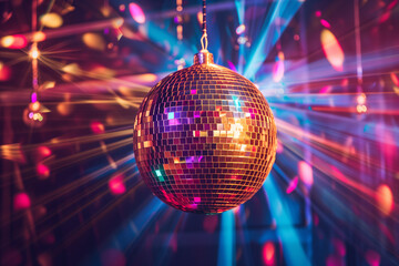 Obraz premium A disco ball is suspended from the ceiling at party, reflecting the lights