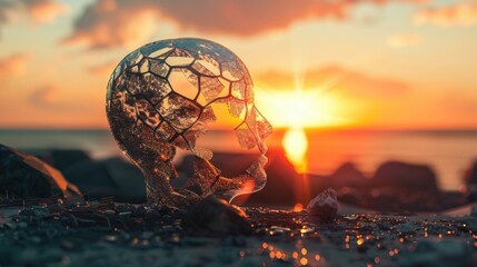 Cracked sculpture of a human head on a beach at sunset. Post-Traumatic Stress Disorder Awareness Day