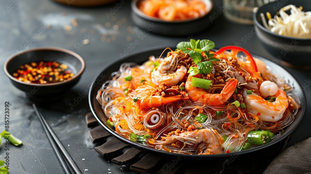 Wall mural Spicy Glass Noodle Salad,mixed shrimp with minced pork and squid. AI Generative - Wall murals
