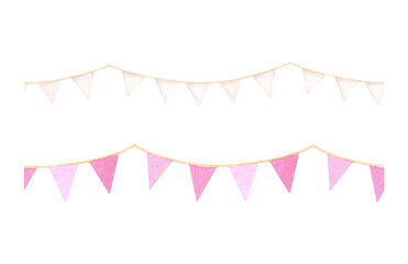 Set watercolor seamless border with a garland of white flags isolated on a white background. Festive banner with cream and pink colored flags. Design and design of adhesive tape, ribbons, scrapbooking