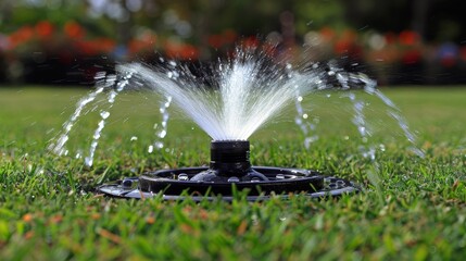 perfect green lawn with water sprinkler 