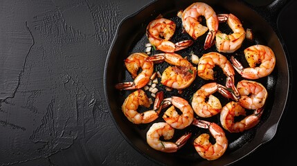 spicy roasted shrimps in cast iron pan , black background. AI Generative