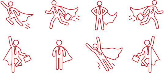 Superhero Business Pictogram Man line icon set in Red Color. Superhero businessman flying outline figure. Victory worker, employer pictogram person. Vector illustration