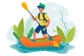 A man in an inflatable raft with oars, simple illustration, white background