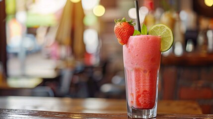 Strawberry Lime Cool Smoothie Served on a Restaurant Table