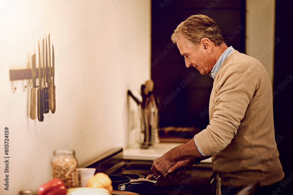 Poster Kitchen, dinner and elderly man with cooking at home for meal prep, nutrition and retirement. House, smile and senior person with ingredients by stove for food recipe, healthy diet and happiness