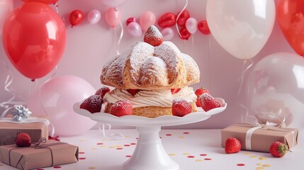 Strawberry cream puff displayed on white cake stand with balloons and gift boxes. AI Generative