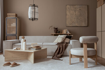 Elegant composition of warm living room interior with mock up poster frame, modular sofa, travertine coffee table, gray armchair, rattan sideboard, lamp and personal accessories. Home decor. Template.