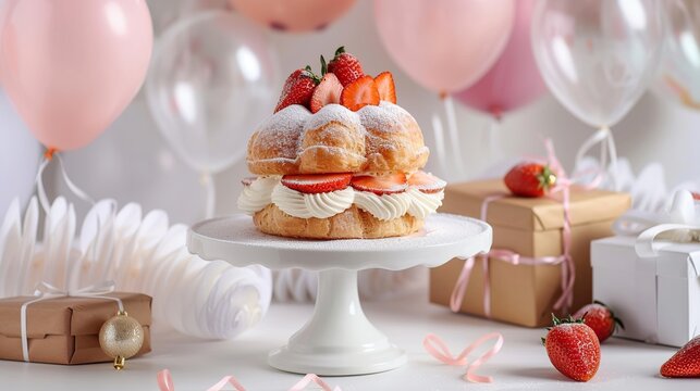 Strawberry cream puff displayed on white cake stand with balloons and gift boxes. AI Generative - Powered by Adobe