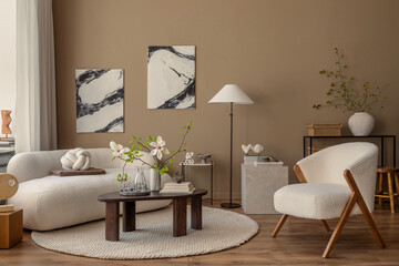 Creative composition of living room interior with mock up poster frame, boucle sofa, wooden coffee table, round carpet, white armchair, magnolia and personal accessories. Home decor. Template.
