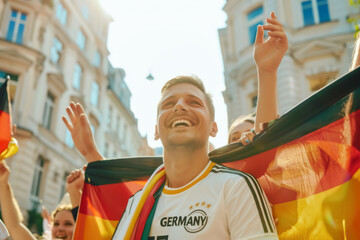 Naklejka premium German football soccer fans in downtown celebrate the national team, Die Mannschaft 
