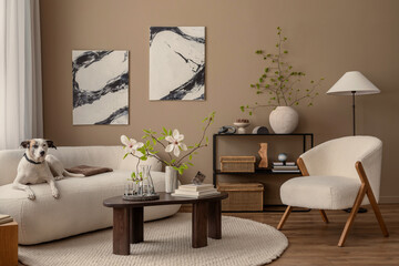 Interior design of living room interior with mock up poster frame, boucle sofa, white armchair, wooden coffee table, vase with magnolia and personal accessories. Home decor. Template.
