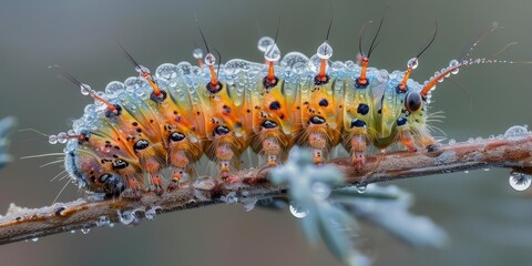 A beautiful caterpillar covered in morning dew, resting on a branch. Raindrops glisten in the sunlight, illuminating the vibrant colors of the caterpillar's body.
