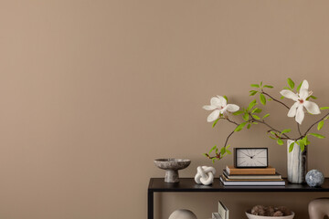 Minimalist composition of living room interior with copy space, black rack, brown wall, clock, vase...