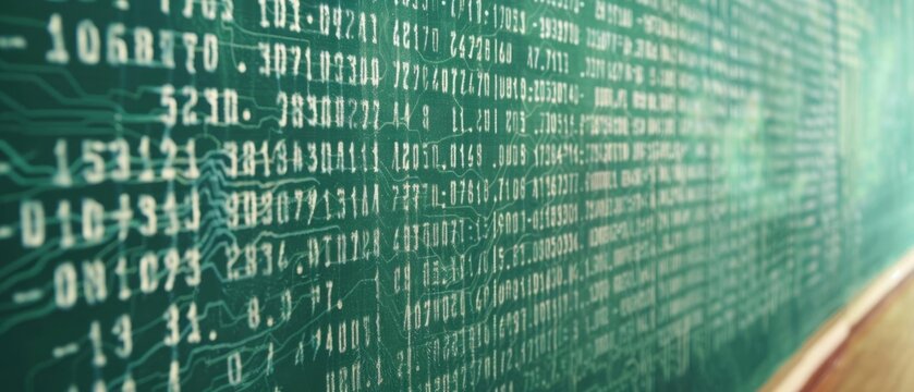 A chalkboard in a computer science classroom showing binary code and basic programming concepts