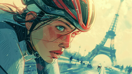 Close-up of a female cyclist with the Eiffel Tower in the background