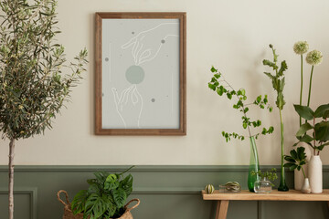 Spring composition of living room interior with mock up poster frame, wooden consola, beige vase...