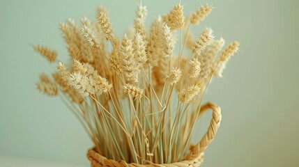 Fototapeta premium Serene wheat stalks in a woven basket on a soft backdrop