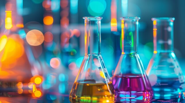 multidisciplinary nature of chemistry, lab three flasks containing colorful liquids of different colors under warm lights