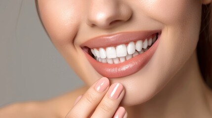 Obraz premium close-up of the lower half of a woman's face, highlighting her bright and cheerful smile, healthy white teeth and smooth, neutral-toned skin. Woman's lips painted with lipstick