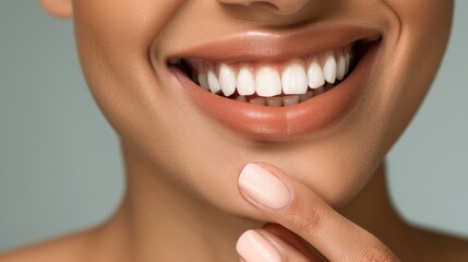 Obraz premium The image shows a close-up of the lower half of a woman's face, highlighting a bright and cheerful smile. She has healthy, white teeth, and her skin is smooth with a neutral tone. 