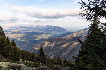 Begunj&scaron;čica panorama of mountain trekking to the highest peak. View of the Alps, climbing with via ferrata. Distant view of Lake Bled from above. Sports holidays, life of adventure in the countryside