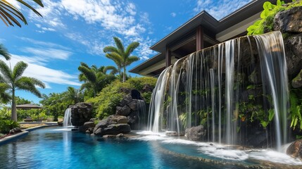An expansive luxury home exterior with a cascading waterfall feature that flows into an infinity pool, surrounded by lush tropical landscaping.
