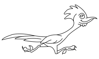 Cute Happy Roadrunner Bird Running Fast with Black and White Line Art Drawing, Bird, Vector Character Illustration, Outline Cartoon Mascot Logo in Isolated White Background.

