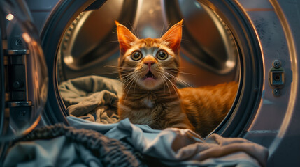 Cat Inside Washing Machine Looking Surprised