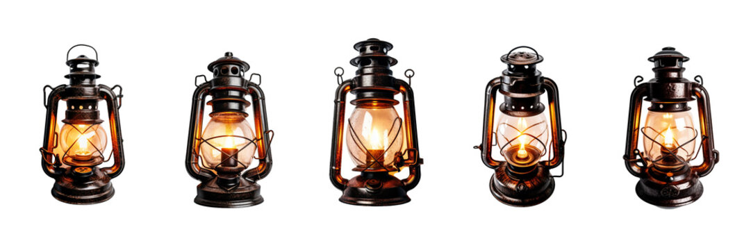 Set of A overhead photograph capturing the warmth and charm of a cozy, softly lit lantern against a pristine on a transparent background 