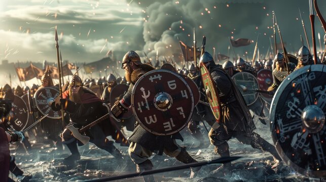 Vikings fighting on the battlefield, epic battle scene 3D digital art style