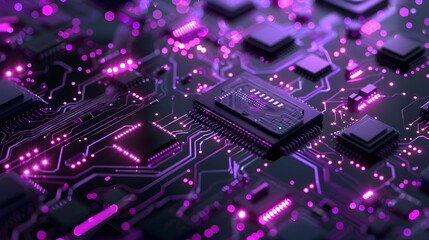 Obraz premium Shimmering Geometric Microchip Patterns in Iridescent Purple and Black Futuristic Technology Background