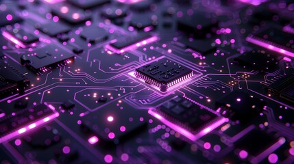 Futuristic electronic microchip and circuit board geometric abstract glowing iridescent purple and black wallpaper backdrop