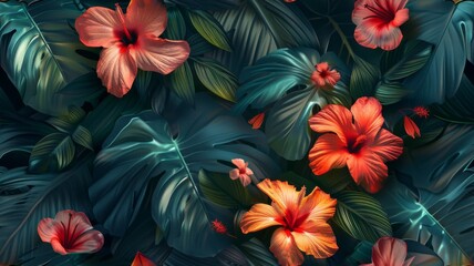 Lush tropical flower and leaf pattern