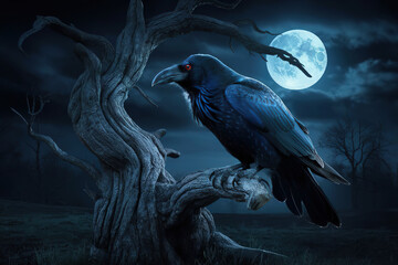 Obraz premium Mystical raven perched on a tree at night full moon hauntingly moody nocturnal scene