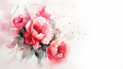Watercolor beautiful  peony flower with splashes of paint, cope space. Beautiful flower for wedding and invitation.