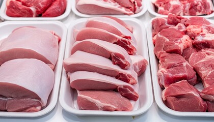 Fleisch, rohes Schweinefleisch, in einer Auslage einer Metzgerei, ohne Personen